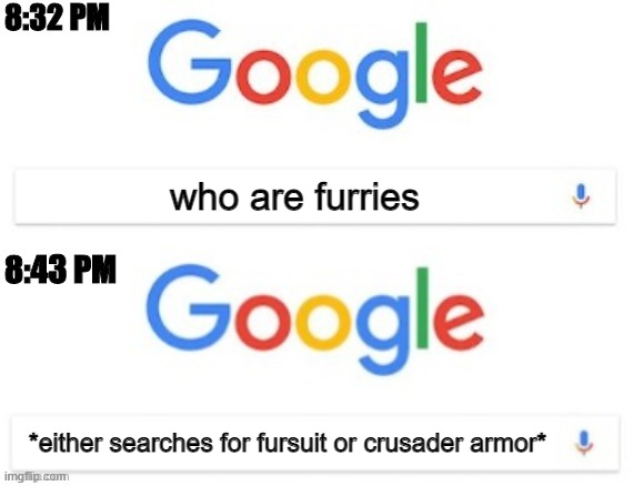 there are two types of people | who are furries; *either searches for fursuit or crusader armor* | image tagged in 8 32 pm - 8 43 pm,furries,google search,fursuit,crusader,dank memes | made w/ Imgflip meme maker