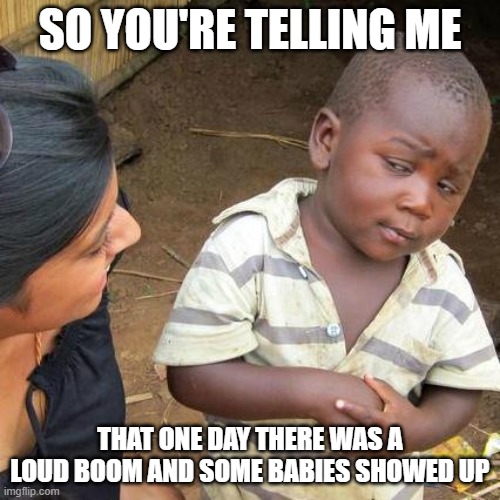 Third World Skeptical Kid Meme | SO YOU'RE TELLING ME; THAT ONE DAY THERE WAS A LOUD BOOM AND SOME BABIES SHOWED UP | image tagged in memes,third world skeptical kid | made w/ Imgflip meme maker