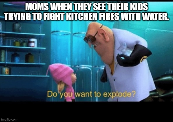 Do you want to explode | MOMS WHEN THEY SEE THEIR KIDS TRYING TO FIGHT KITCHEN FIRES WITH WATER. | image tagged in do you want to explode | made w/ Imgflip meme maker