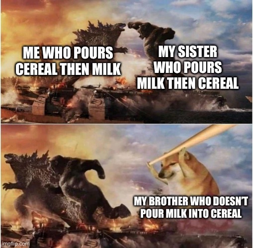 Cereal moment |  MY SISTER WHO POURS MILK THEN CEREAL; ME WHO POURS CEREAL THEN MILK; MY BROTHER WHO DOESN’T POUR MILK INTO CEREAL | image tagged in memes,kong godzilla doge,funny,cereal,doge,fighting | made w/ Imgflip meme maker