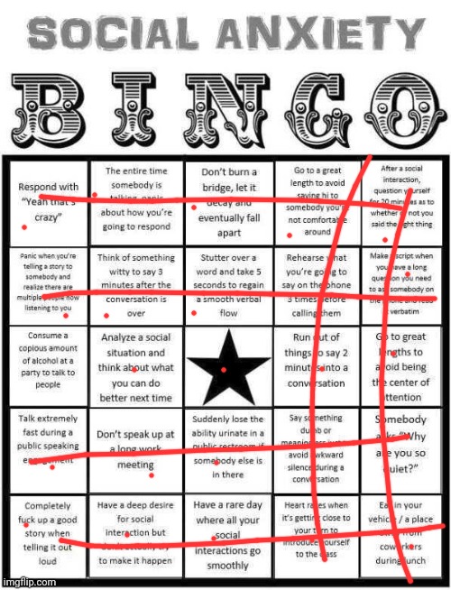 All of them except one | image tagged in social anxiety bingo | made w/ Imgflip meme maker