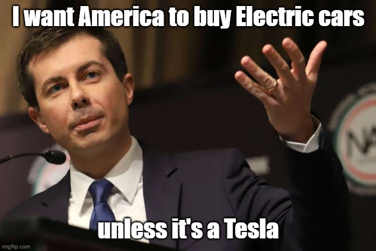 Musk was a lefty hero until he bought Twitter | I want America to buy Electric cars; unless it's a Tesla | image tagged in pete buttigieg,tesla,electric cars,elon musk,twitter | made w/ Imgflip meme maker