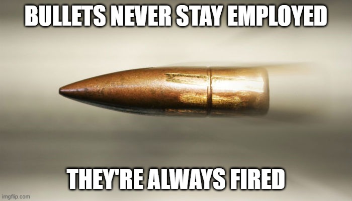 Took My Shot | BULLETS NEVER STAY EMPLOYED; THEY'RE ALWAYS FIRED | image tagged in bullet | made w/ Imgflip meme maker