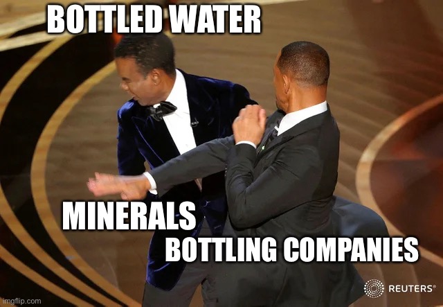 Literally every single water bottle | BOTTLED WATER; MINERALS; BOTTLING COMPANIES | image tagged in will smith punching chris rock | made w/ Imgflip meme maker