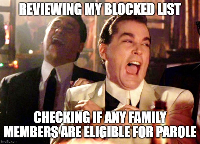 Good Fellas Hilarious |  REVIEWING MY BLOCKED LIST; CHECKING IF ANY FAMILY MEMBERS ARE ELIGIBLE FOR PAROLE | image tagged in memes,good fellas hilarious | made w/ Imgflip meme maker