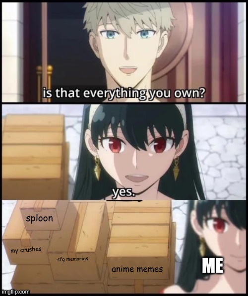 not everything btw, i just made this temp (it was a pain shading correctly trying to cover the og words up) | sploon; my crushes; sfg memories; ME; anime memes | image tagged in is that everything you own blank | made w/ Imgflip meme maker