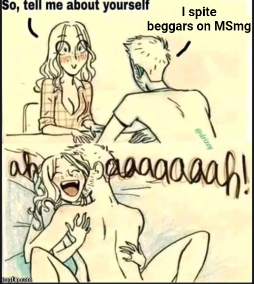 . | I spite beggars on MSmg | image tagged in tell me about yourself better | made w/ Imgflip meme maker