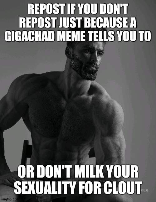 cigaghad | REPOST IF YOU DON'T REPOST JUST BECAUSE A GIGACHAD MEME TELLS YOU TO; OR DON'T MILK YOUR SEXUALITY FOR CLOUT | made w/ Imgflip meme maker