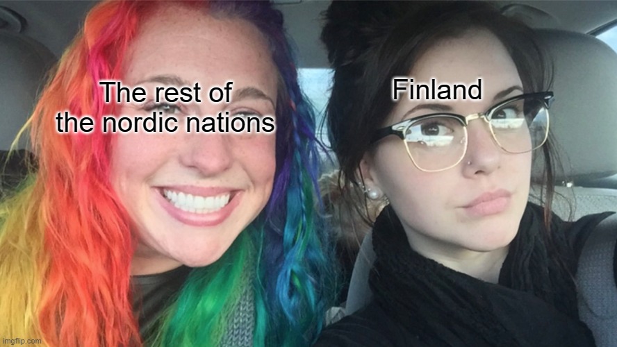 FINLAYNDIA | Finland; The rest of the nordic nations | image tagged in rainbow hair vs dark hair | made w/ Imgflip meme maker