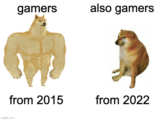 Buff Doge vs. Cheems | gamers; also gamers; from 2015; from 2022 | image tagged in memes,buff doge vs cheems | made w/ Imgflip meme maker