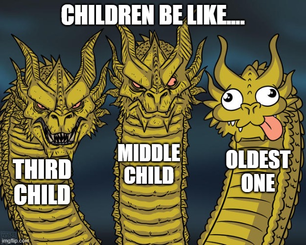 children be like... | CHILDREN BE LIKE.... MIDDLE CHILD; OLDEST ONE; THIRD CHILD | image tagged in three-headed dragon | made w/ Imgflip meme maker