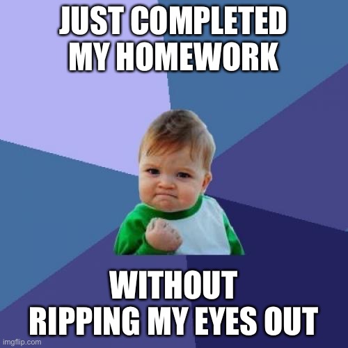 Success Kid Meme | JUST COMPLETED MY HOMEWORK; WITHOUT RIPPING MY EYES OUT | image tagged in memes,success kid | made w/ Imgflip meme maker