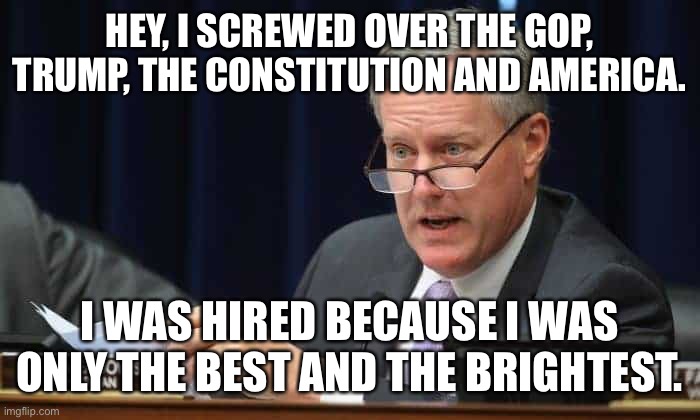 Mark Meadows | HEY, I SCREWED OVER THE GOP, TRUMP, THE CONSTITUTION AND AMERICA. I WAS HIRED BECAUSE I WAS ONLY THE BEST AND THE BRIGHTEST. | image tagged in mark meadows | made w/ Imgflip meme maker