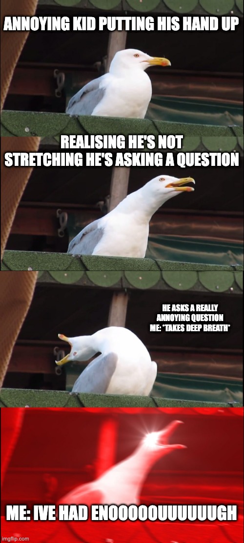 Inhaling Seagull | ANNOYING KID PUTTING HIS HAND UP; REALISING HE'S NOT STRETCHING HE'S ASKING A QUESTION; HE ASKS A REALLY ANNOYING QUESTION
ME: *TAKES DEEP BREATH*; ME: IVE HAD ENOOOOOUUUUUUGH | image tagged in memes,inhaling seagull | made w/ Imgflip meme maker