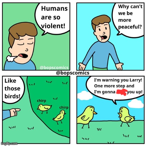 Why can’t humans be peaceful like birds | image tagged in comics,funny,memes,humans,birds,arguments | made w/ Imgflip meme maker