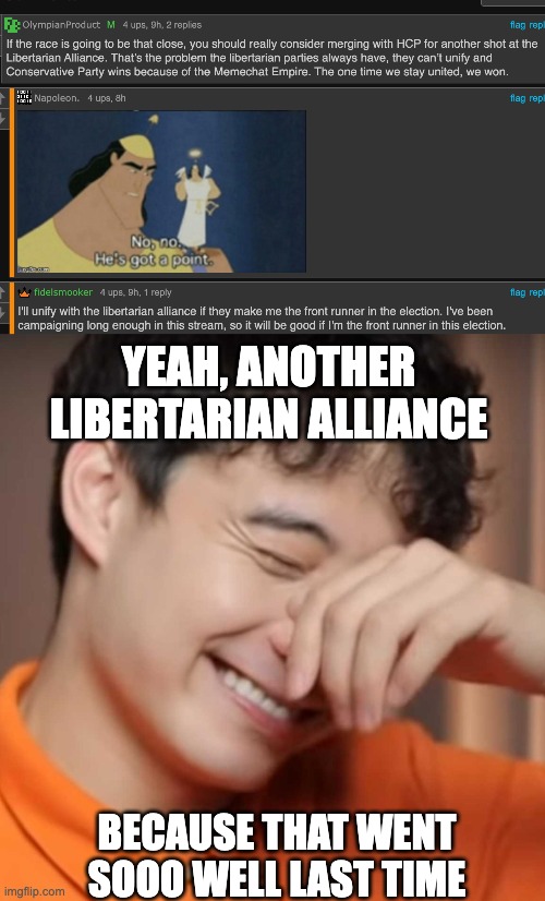 'Tis a joke, thou shalt not take it seriously | YEAH, ANOTHER LIBERTARIAN ALLIANCE; BECAUSE THAT WENT SOOO WELL LAST TIME | image tagged in yeah right uncle rodger,memes,unfunny,libertarian alliance,good luck with that | made w/ Imgflip meme maker
