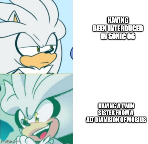 Funny Sliver Meme (Crossed Edition) | HAVING BEEN INTERDUCED IN SONIC 06; HAVING A TWIN SISTER FROM A 
ALT DIAMSION OF MOBIUS | image tagged in silver drake template | made w/ Imgflip meme maker