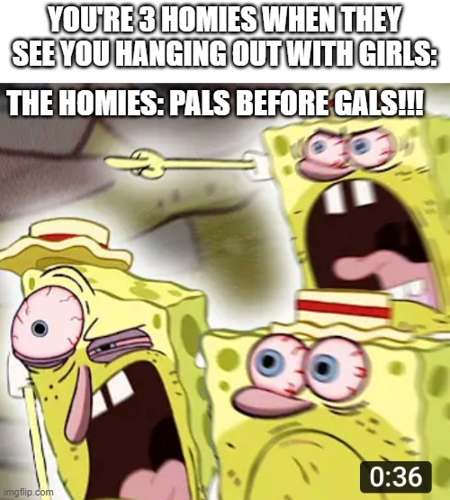 Angry Spongebob | YOU'RE 3 HOMIES WHEN THEY SEE YOU HANGING OUT WITH GIRLS:; THE HOMIES: PALS BEFORE GALS!!! | image tagged in angry spongebob,memes,homies,girls | made w/ Imgflip meme maker