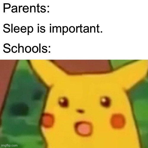 Surprised Pikachu Meme | Parents: Sleep is important. Schools: | image tagged in memes,surprised pikachu | made w/ Imgflip meme maker