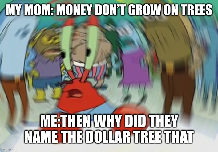 It’s true though | MY MOM: MONEY DON’T GROW ON TREES; ME:THEN WHY DID THEY NAME THE DOLLAR TREE THAT | image tagged in memes,mr krabs blur meme | made w/ Imgflip meme maker