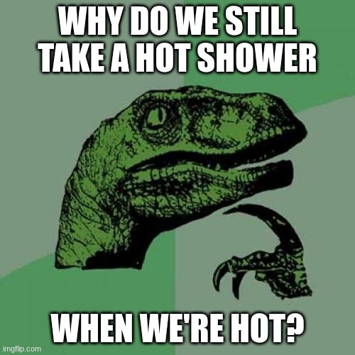 I know it feels good, but it just doesn't make sense to still take a hot shower when you're hot | WHY DO WE STILL TAKE A HOT SHOWER; WHEN WE'RE HOT? | image tagged in memes,philosoraptor | made w/ Imgflip meme maker