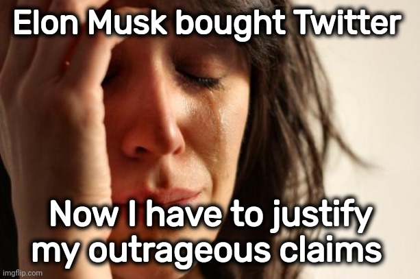 First World Problems Meme | Elon Musk bought Twitter Now I have to justify my outrageous claims | image tagged in memes,first world problems | made w/ Imgflip meme maker
