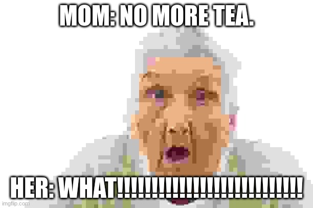 WHAT! | MOM: NO MORE TEA. HER: WHAT!!!!!!!!!!!!!!!!!!!!!!!!!!! | image tagged in odd old funnny | made w/ Imgflip meme maker