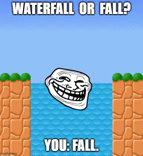 WATERFALL  OR  FALL? YOU: FALL. | image tagged in memes,funny,funny memes,mario,super mario bros,super mario | made w/ Imgflip meme maker