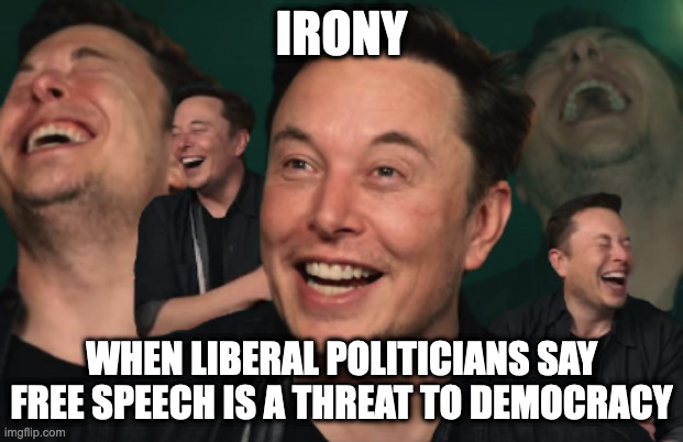 Elon Musk Laughing | IRONY; WHEN LIBERAL POLITICIANS SAY FREE SPEECH IS A THREAT TO DEMOCRACY | image tagged in elon musk laughing | made w/ Imgflip meme maker