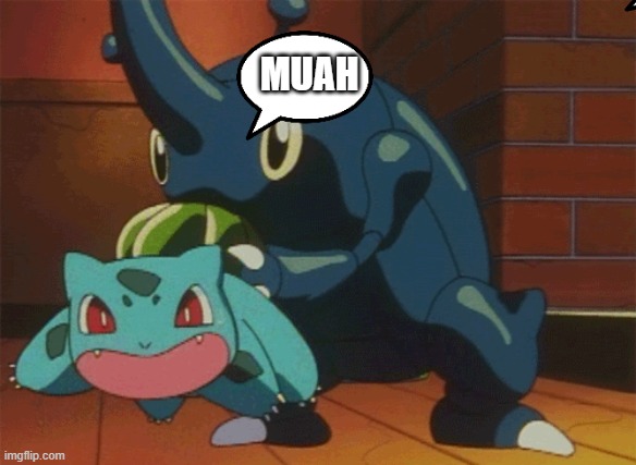 kveoajmvaenv | MUAH | image tagged in heracross x bulbasaur | made w/ Imgflip meme maker