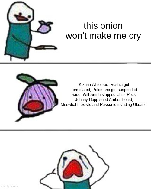 why did 2022 make me this way? | this onion won't make me cry; Kizuna AI retired, Rushia got terminated, Pokimane got suspended twice, Will Smith slapped Chris Rock, Johnny Depp sued Amber Heard, Meowbahh exists and Russia is invading Ukraine. | image tagged in this onion won't make me cry,2022,vtuber,johnny depp,ukraine | made w/ Imgflip meme maker