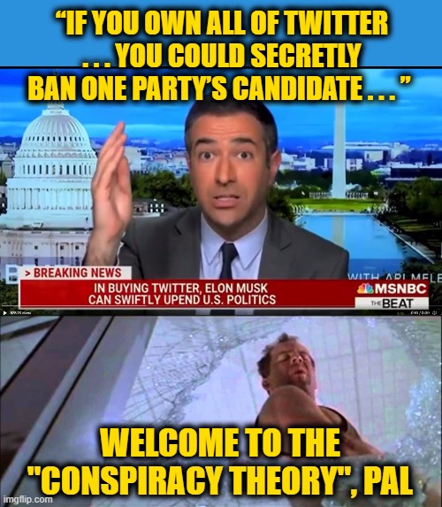 MSNBC Red-Pills the Normies, Conspiracy Theory No More | “IF YOU OWN ALL OF TWITTER . . . YOU COULD SECRETLY BAN ONE PARTY’S CANDIDATE . . . ”; WELCOME TO THE "CONSPIRACY THEORY", PAL | image tagged in welcome to the party pal | made w/ Imgflip meme maker