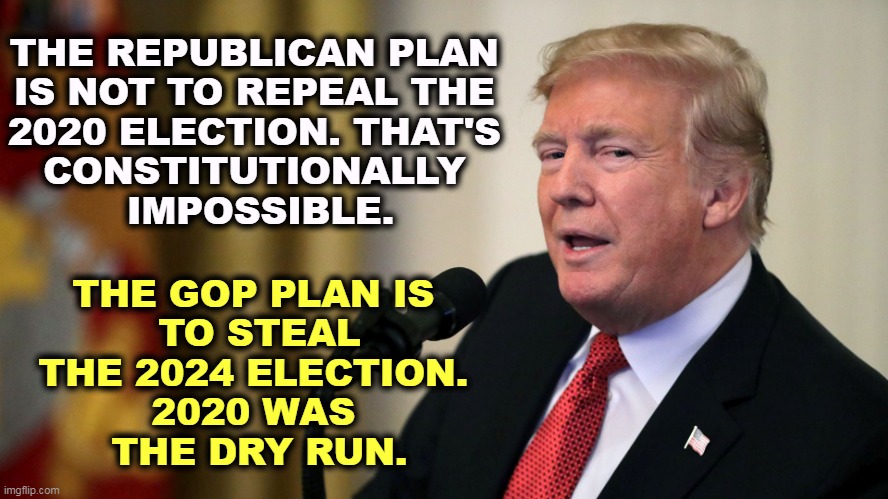 Stop the Steal! | THE GOP PLAN IS 
TO STEAL THE 2024 ELECTION. 
2020 WAS 
THE DRY RUN. THE REPUBLICAN PLAN 
IS NOT TO REPEAL THE 
2020 ELECTION. THAT'S 
CONSTITUTIONALLY 
IMPOSSIBLE. | image tagged in trump con man side eye,trump,steal,elections | made w/ Imgflip meme maker