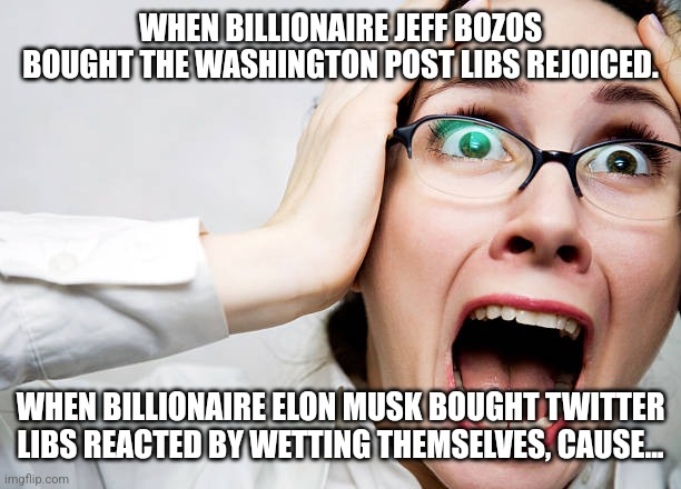 Liberals...please don't breed. | WHEN BILLIONAIRE JEFF BOZOS BOUGHT THE WASHINGTON POST LIBS REJOICED. WHEN BILLIONAIRE ELON MUSK BOUGHT TWITTER LIBS REACTED BY WETTING THEMSELVES, CAUSE... | image tagged in stupid liberals,jeff bezos,elon musk laughing,mainstream media,idiots,free speech | made w/ Imgflip meme maker