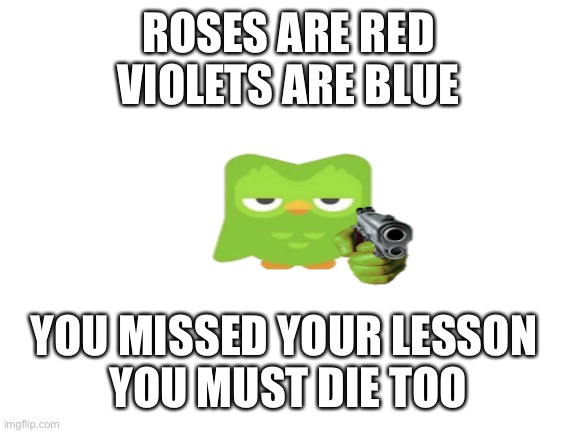 Lol | ROSES ARE RED
VIOLETS ARE BLUE; YOU MISSED YOUR LESSON 
YOU MUST DIE TOO | image tagged in blank white template,duolingo,lol so funny,oof | made w/ Imgflip meme maker