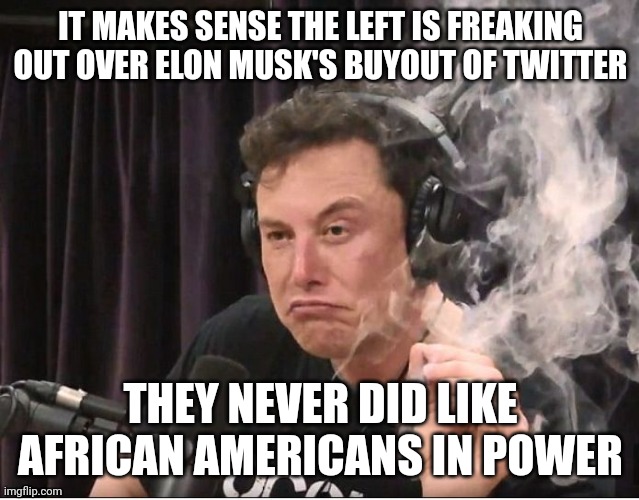 African Americans in power frighten the left. Pro slavery, pro pedophilia, por child killing, pro big government... |  IT MAKES SENSE THE LEFT IS FREAKING OUT OVER ELON MUSK'S BUYOUT OF TWITTER; THEY NEVER DID LIKE AFRICAN AMERICANS IN POWER | image tagged in elon musk smoking a joint | made w/ Imgflip meme maker