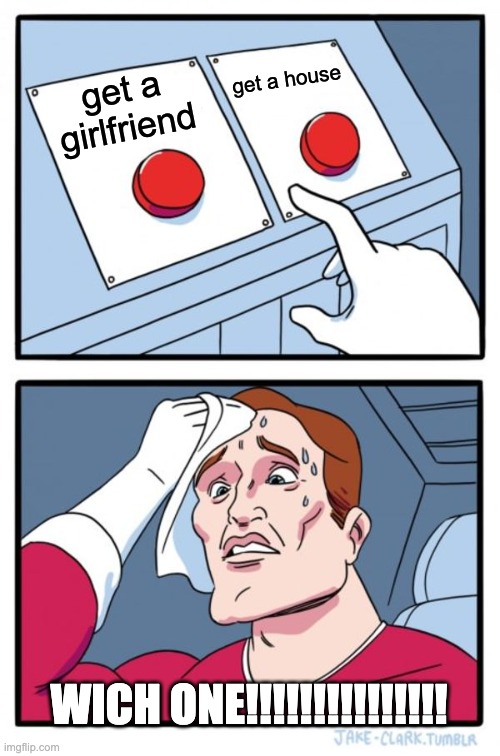 Two Buttons Meme | get a house; get a girlfriend; WICH ONE!!!!!!!!!!!!!!! | image tagged in memes,two buttons | made w/ Imgflip meme maker