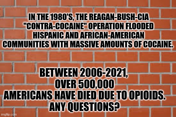 Any Questions? | IN THE 1980'S, THE REAGAN-BUSH-CIA "CONTRA-COCAINE" OPERATION FLOODED HISPANIC AND AFRICAN-AMERICAN COMMUNITIES WITH MASSIVE AMOUNTS OF COCAINE. BETWEEN 2006-2021, 
OVER 500,000 AMERICANS HAVE DIED DUE TO OPIOIDS.
ANY QUESTIONS? | image tagged in brick wall | made w/ Imgflip meme maker