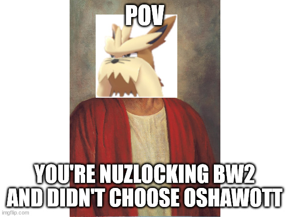 JESUS DOGGO | POV; YOU'RE NUZLOCKING BW2 AND DIDN'T CHOOSE OSHAWOTT | image tagged in pokemon,jesus christ | made w/ Imgflip meme maker