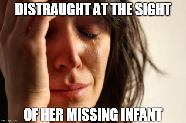 First World Problems Meme | DISTRAUGHT AT THE SIGHT; OF HER MISSING INFANT | image tagged in memes,first world problems,mandela catalogue | made w/ Imgflip meme maker