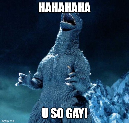 Laughing Godzilla | HAHAHAHA U SO GAY! | image tagged in laughing godzilla | made w/ Imgflip meme maker