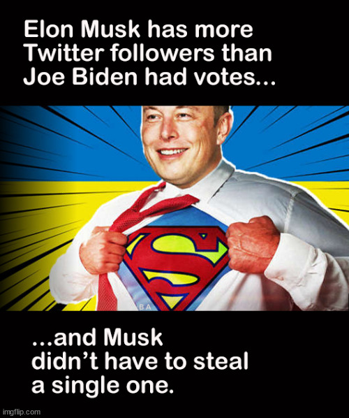 Musk has more Twitter followers than Biden had votes, and Musk didn't have to steal a single one. | image tagged in memes,politics | made w/ Imgflip meme maker