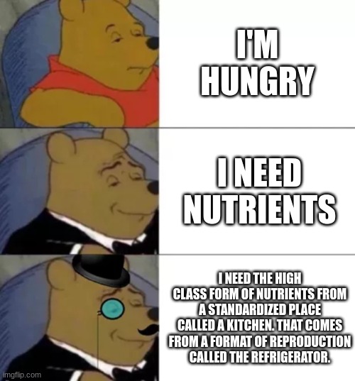 my finger's hurt T~T | I'M HUNGRY; I NEED NUTRIENTS; I NEED THE HIGH CLASS FORM OF NUTRIENTS FROM A STANDARDIZED PLACE CALLED A KITCHEN. THAT COMES FROM A FORMAT OF REPRODUCTION CALLED THE REFRIGERATOR. | image tagged in fancy pooh | made w/ Imgflip meme maker