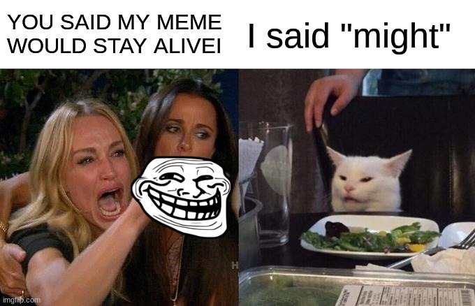 Dead meme | YOU SAID MY MEME
WOULD STAY ALIVEI; I said "might" | image tagged in memes,woman yelling at cat | made w/ Imgflip meme maker