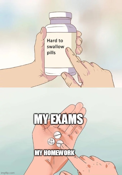 Hard To Swallow Pills Meme | MY EXAMS; MY HOMEWORK | image tagged in memes | made w/ Imgflip meme maker