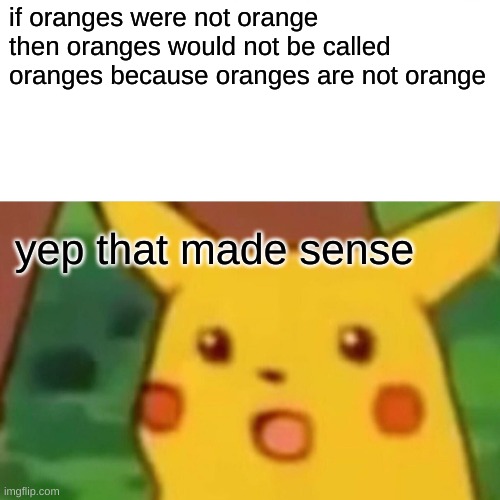 yep that makes sense | if oranges were not orange then oranges would not be called oranges because oranges are not orange; yep that made sense | image tagged in memes,surprised pikachu | made w/ Imgflip meme maker
