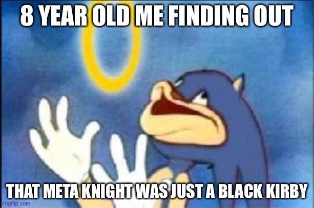 Sonic derp |  8 YEAR OLD ME FINDING OUT; THAT META KNIGHT WAS JUST A BLACK KIRBY | image tagged in sonic derp | made w/ Imgflip meme maker