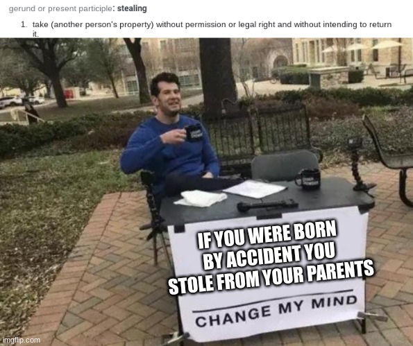 Well I´m correct | IF YOU WERE BORN BY ACCIDENT YOU STOLE FROM YOUR PARENTS | image tagged in memes,change my mind | made w/ Imgflip meme maker