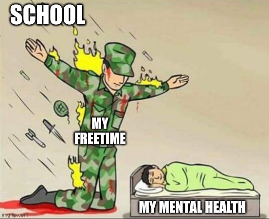 School | SCHOOL; MY FREETIME; MY MENTAL HEALTH | image tagged in soldier protecting sleeping child | made w/ Imgflip meme maker