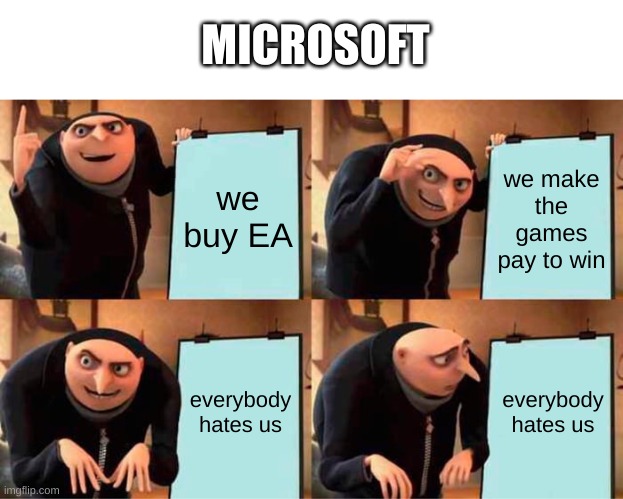 Gru's Plan | MICROSOFT; we buy EA; we make the games pay to win; everybody hates us; everybody hates us | image tagged in memes,gru's plan | made w/ Imgflip meme maker